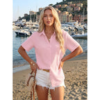 Zeagoo Women Button Down Shirt Cotton Linen Blend Short Sleeve V Neck Blouse Dressy Casual Summer Tops Beach Vacation Outfits