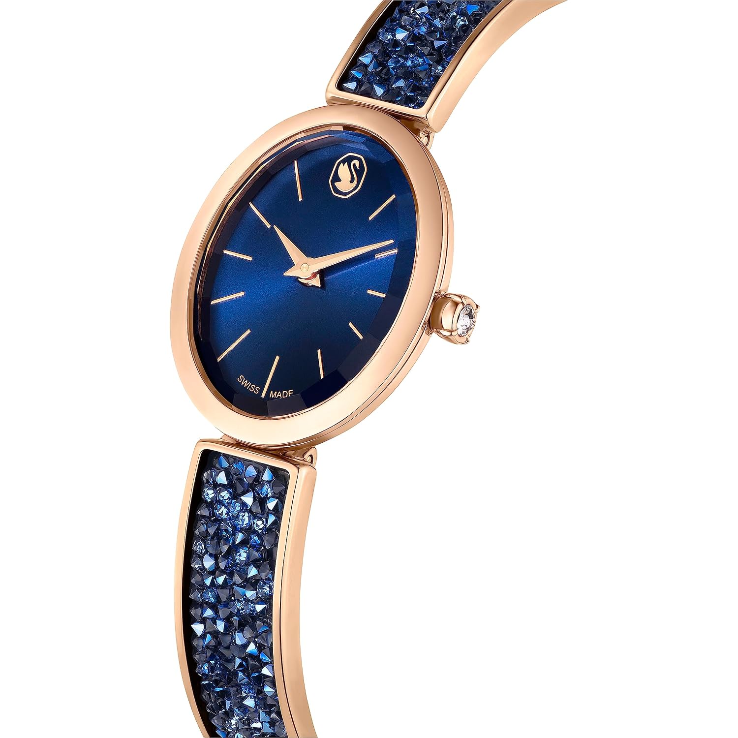 Swarovski Crystal Rock Oval Watch, Metal Bracelet, Blue, Rose Gold-Tone Finish, Swiss Made, Part Of The Crystal Rock Watch Collection