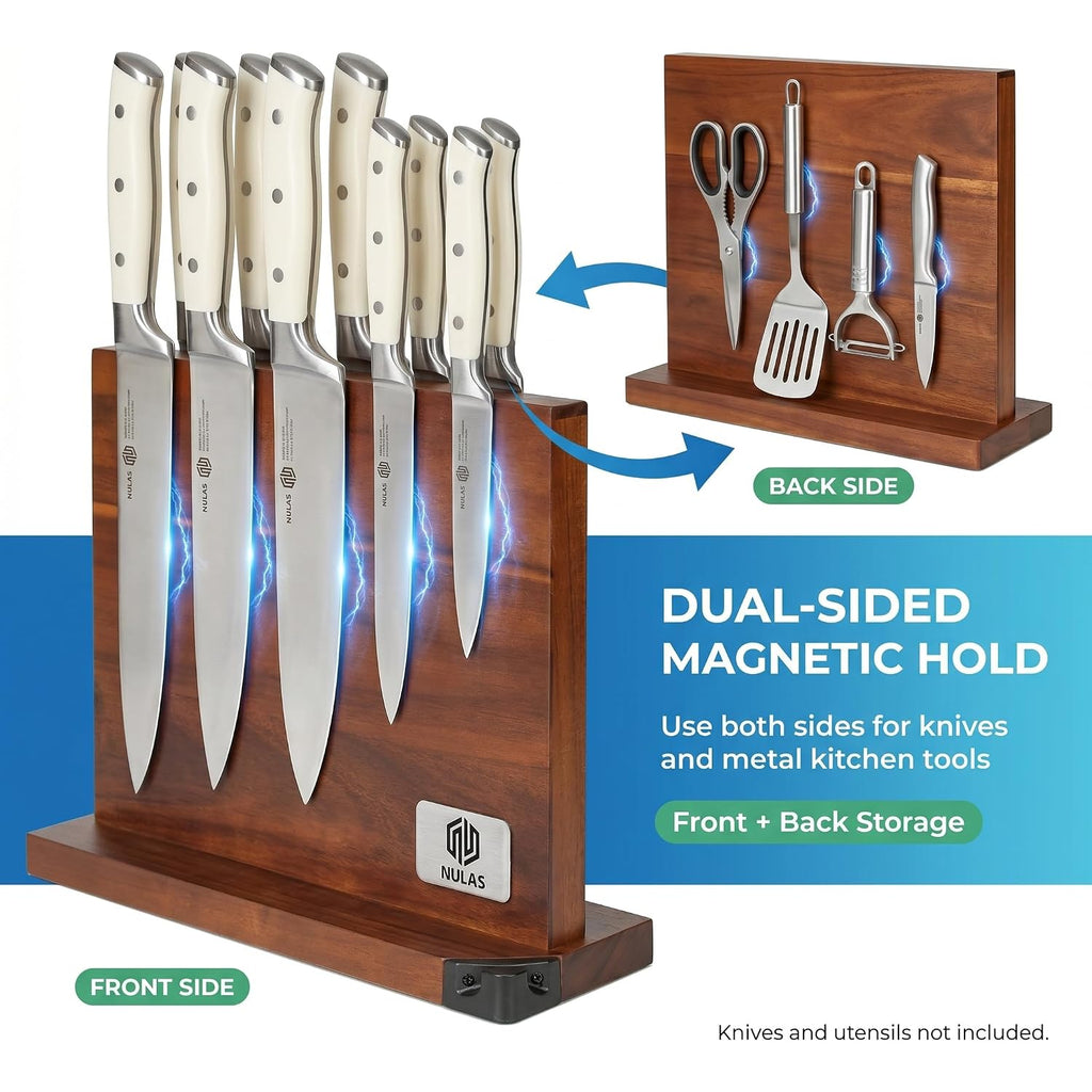 Magnetic Knife Block With Built-In Sharpener, Double-Sided Countertop Magnetic Knife Holder, Holds Up To 12 Knives & Metal Kitchen Tools, Brown