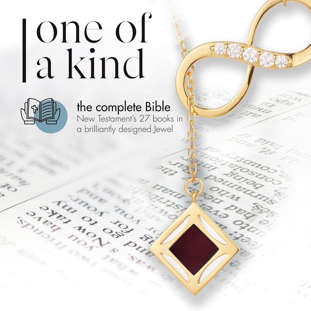 Nano Bible Infinity Necklace for Women – 925 Sterling Silver with Entire Holy KJV New Testament Engraved Pendant for Her – Religious Christian Jewelry Mothers Day Gift for Wife or Girlfriend