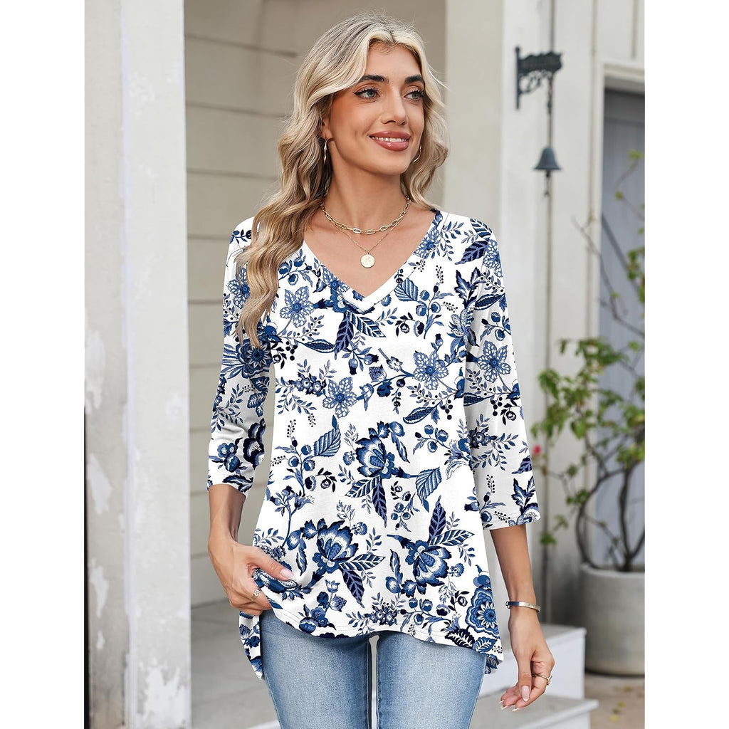 3/4 Length Sleeve Womens Tops V Neck Loose Fit Dressy Casual Blouse Flowy Shirts Plus Size Womens Clothing S-3XL