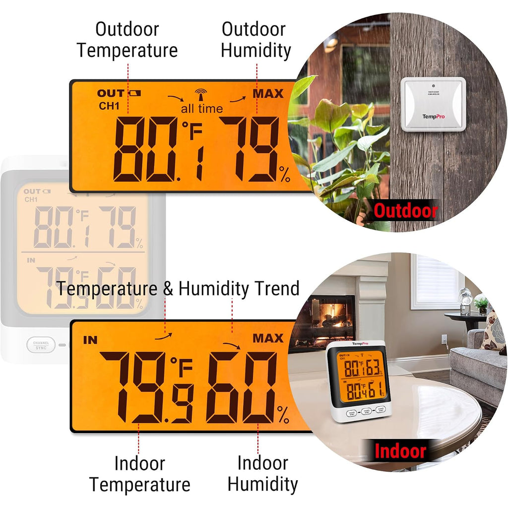 Temppro Tempair 500 Ft Indoor Outdoor Thermometer Wireless With Sensor | 3.3" Lcd Backlit Display, Front Button, Outside Thermometer With Cold-Resistant Sensor For Patio Garage, Batteries Included