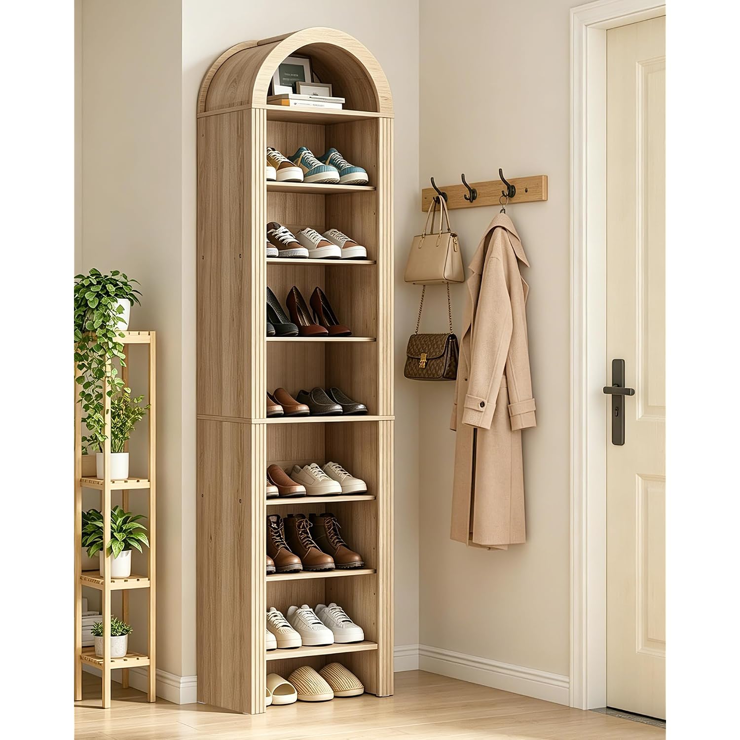 71" Tall Arched Shoe Cabinet, 8-Tier Shoe Storage Cabinet, Shoe Rack With 3 Adjustable Shelves, Freestanding Shoe Organizer For Entryway, Foyer, Hallway, And Living Room, Natural Msc04Nl
