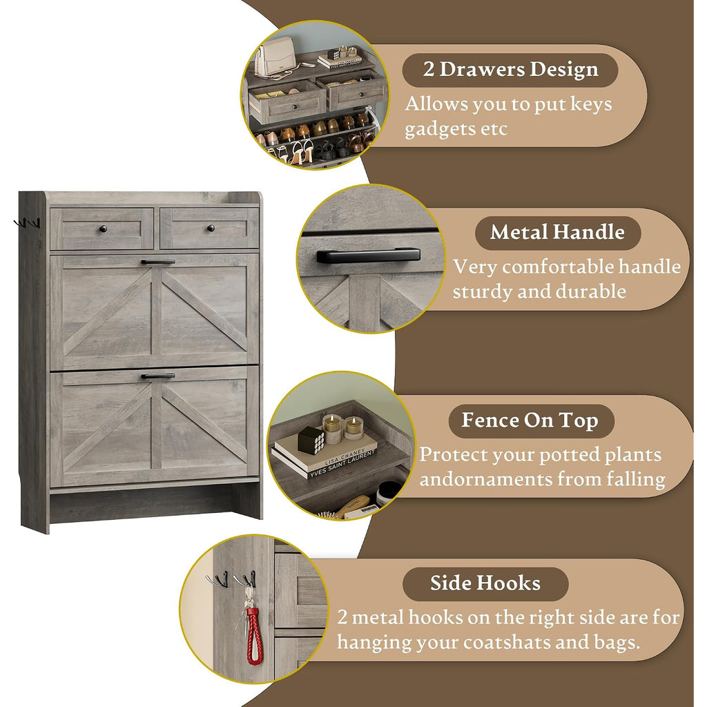 Bornoon Shoe Storage Cabinet For Entryway, Farmhouse Narrow Shoe Cabinet With 2 Flip Drawers & Top Drawers, Adjustable Shelves & Hooks, Freestanding Hidden Rack Organizer For Hallway, Foyer