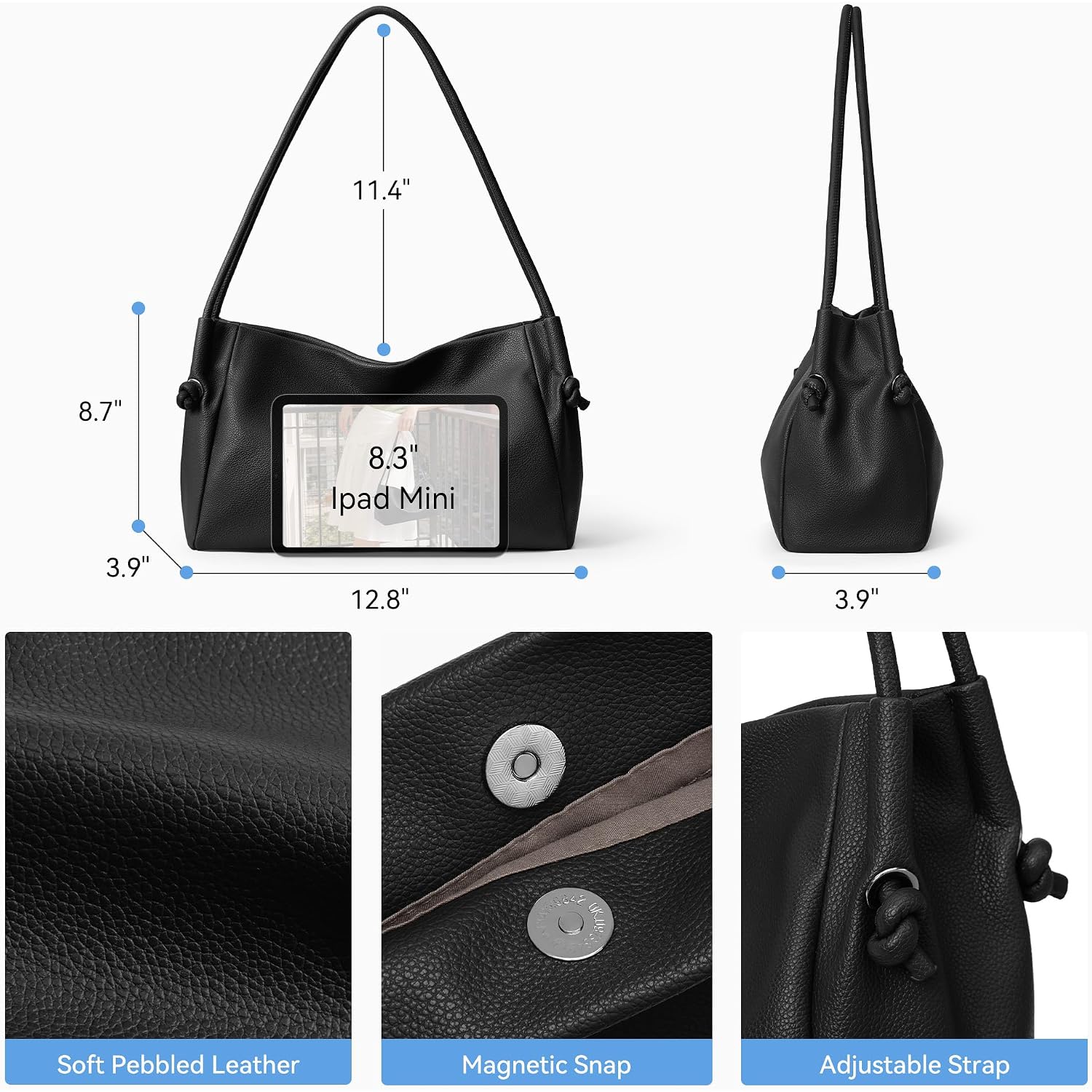 Bostanten Shoulder Bag For Women Pebbled Vegan Leather Purses Soft Hobo Handbag Supple Bag For Travel Work