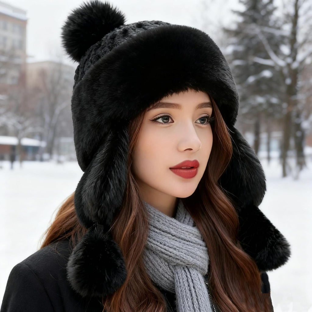 Women Faux Fur Trapper Hat Winter Warm Furry Russian Trooper Hat with Ear Flaps Windproof Ushanka Beanie Cap for Outdoor Ski