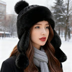 Women Faux Fur Trapper Hat Winter Warm Furry Russian Trooper Hat with Ear Flaps Windproof Ushanka Beanie Cap for Outdoor Ski