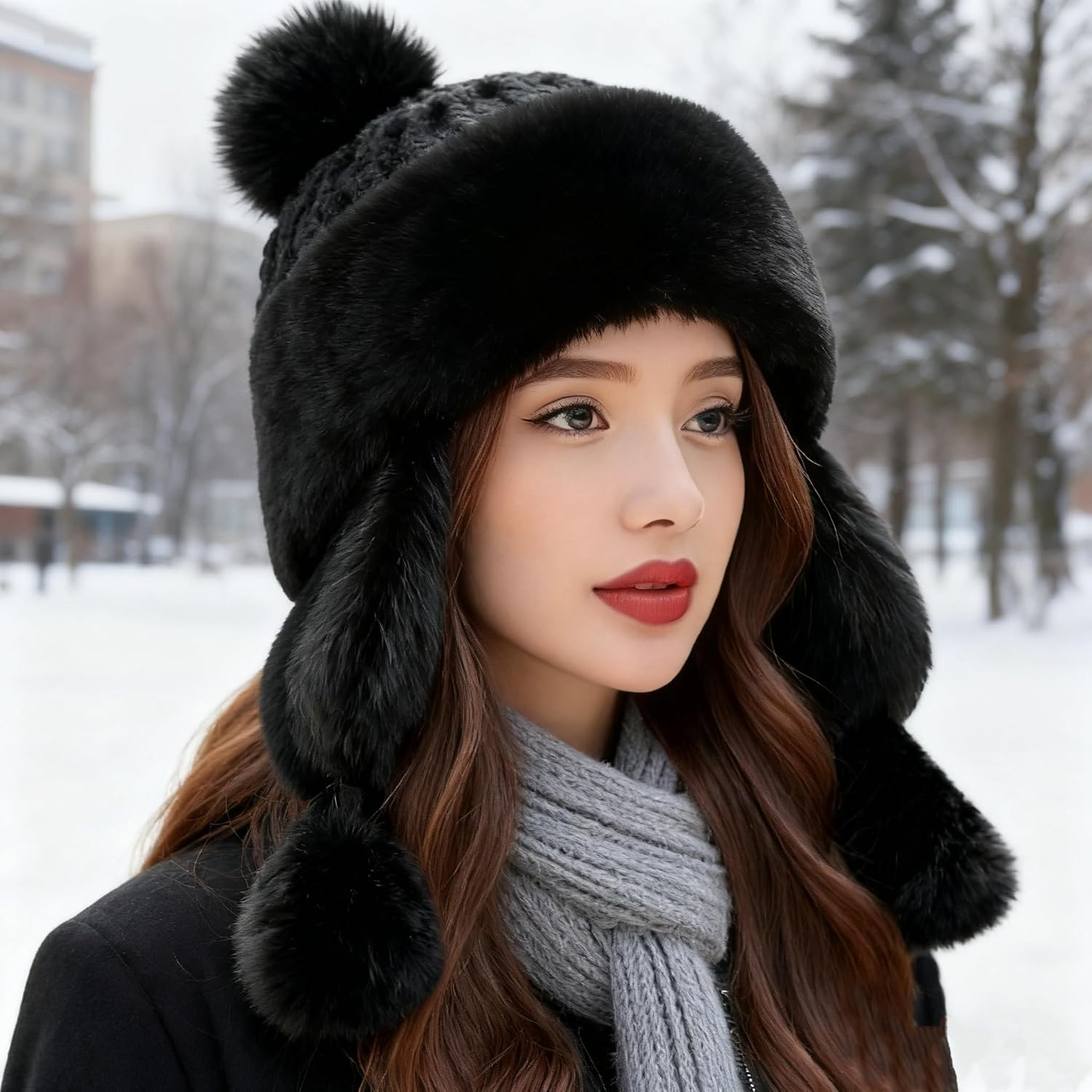 Women Faux Fur Trapper Hat Winter Warm Furry Russian Trooper Hat with Ear Flaps Windproof Ushanka Beanie Cap for Outdoor Ski