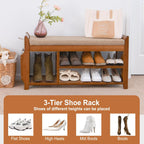 PETKABOO Shoe Bench with Hidden Drawer and Side Holder, 2 Tier Entryway Bench with Storage 39.4 in, Bamboo Shoe Rack with Cushion for Entryway Hallway Living Room Bedroom