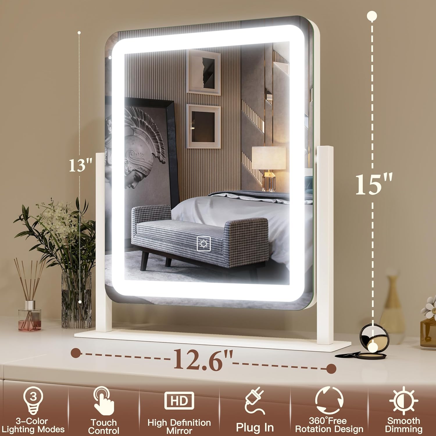 FENNIO Vanity Mirror with Lights - 15"x12.6" LED Lighted Makeup Mirror, Large Makeup Mirror with Lights, Touch Screen with 3-Color Lighting, Dimmable, for Vanity Desk Tabletop, Bedroom