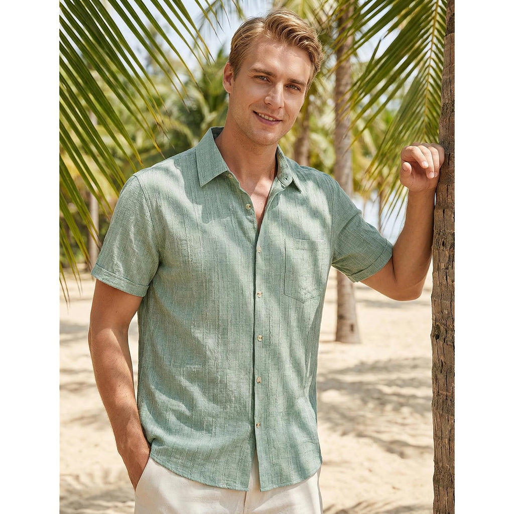 Lucmatton Men'S Vintage Bohemian Short Sleeve Button Down Shirt Casual Regular Fit Striped Textured Summer Beach Tops