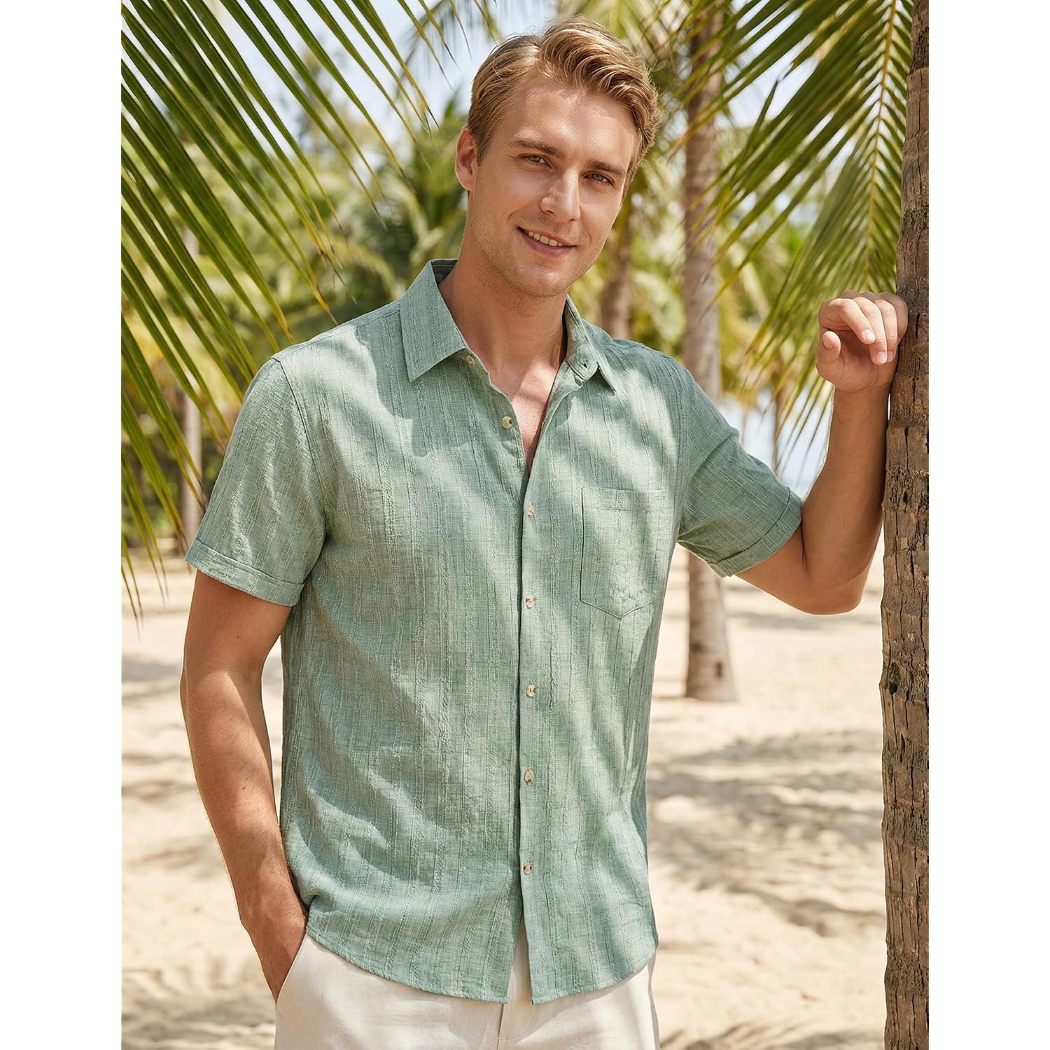 Lucmatton Men'S Vintage Bohemian Short Sleeve Button Down Shirt Casual Regular Fit Striped Textured Summer Beach Tops