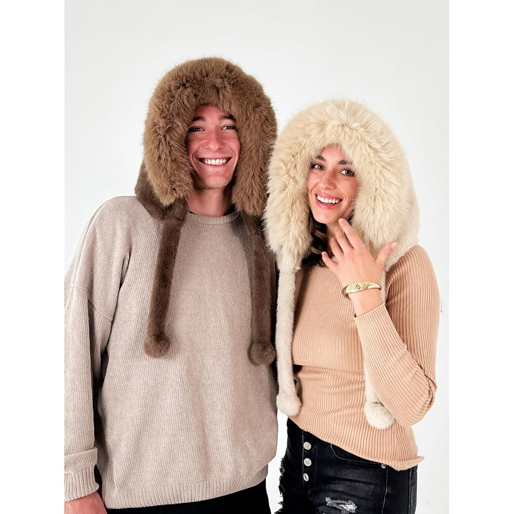 CATCHY & CRAFTY Faux Fur Hooded Winter Hats for Women Warm Fluffy Trapper Hats Head Ear Neck Cover Cold Weather Ski Cap