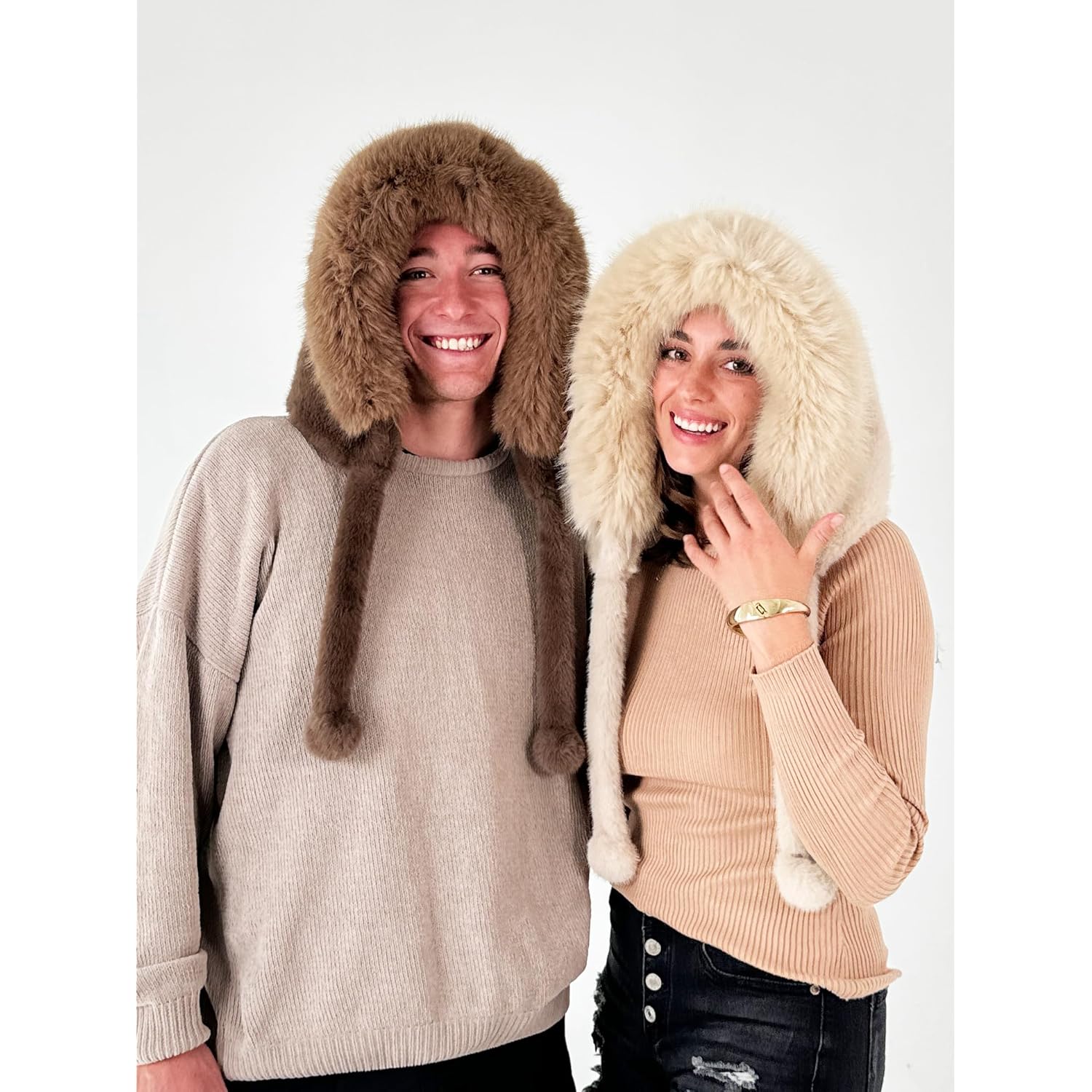 CATCHY & CRAFTY Faux Fur Hooded Winter Hats for Women Warm Fluffy Trapper Hats Head Ear Neck Cover Cold Weather Ski Cap