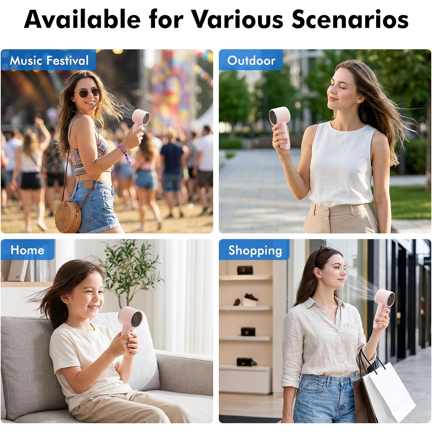 Whatook Portable Handheld Turbo Fan, 5 Speeds Mini Personal Fan With 4000Mah Rechargeable Battery, Small Pocket Fan For Travel Essentials, Beach, Office, Gifts For Women Men - Light Pink