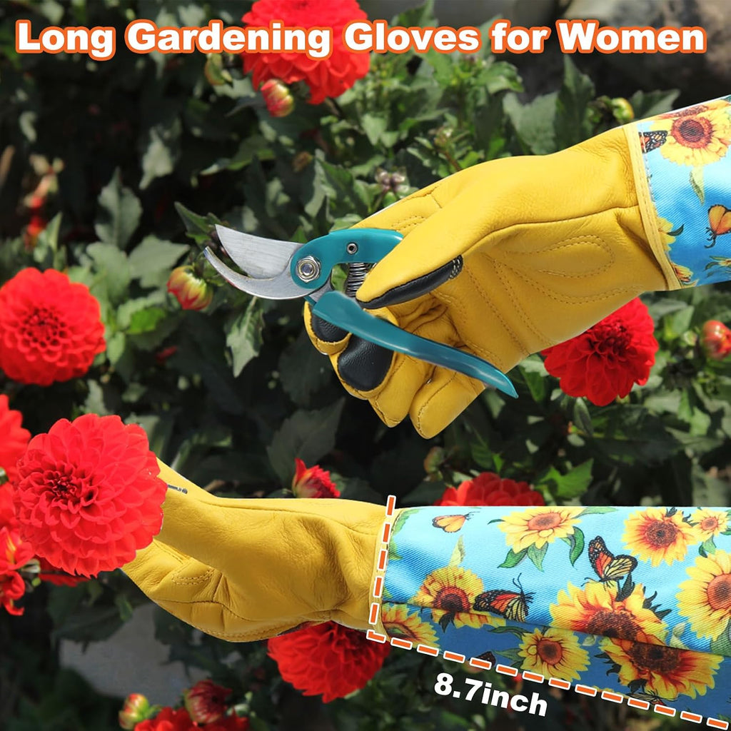 Dly Garden Gloves For Women,Gardening Gloves,Gardening Gift For Lady,Blue,M | Thornproof Cowhide Palm, Foam-Padded Grip, Long Sunflower Print Cuff, 3-Finger Touchscreen, Rose Pruning, Weeding & Yard Work
