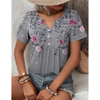 Zeagoo Womens Short Sleeve Tops Summer Henley V-Neck Tshirts Casual Pleated Blouse Dressy Loose Floral Basic Tee