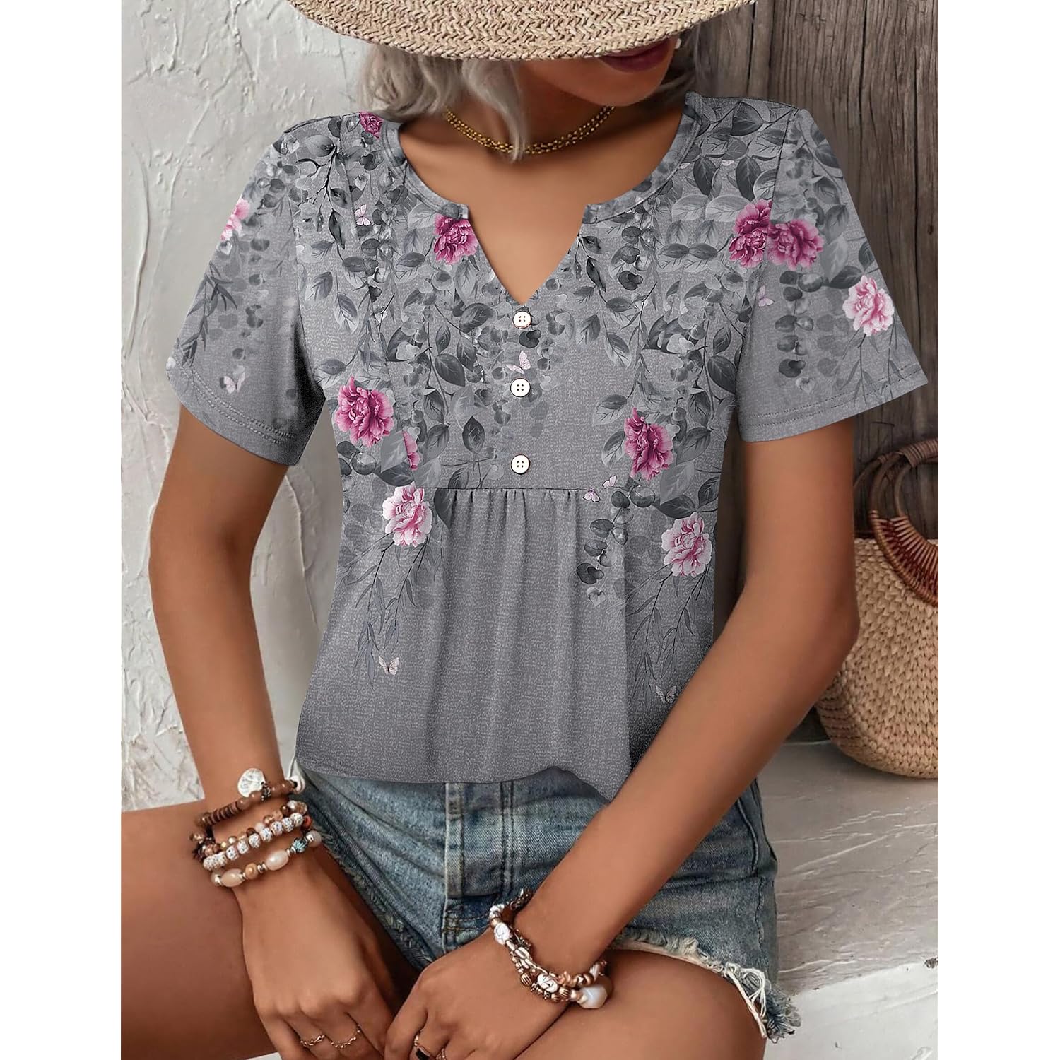 Zeagoo Womens Short Sleeve Tops Summer Henley V-Neck Tshirts Casual Pleated Blouse Dressy Loose Floral Basic Tee