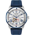 Bulova Men'S Marine Star 'Series A' Automatic Stainless Steel Case With Blue Textured Silicone Strap, Open Aperture, Silver White Dial Model: 98A225
