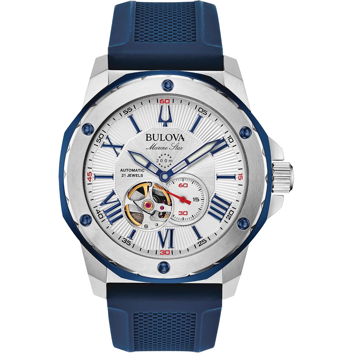 Bulova Men'S Marine Star 'Series A' Automatic Stainless Steel Case With Blue Textured Silicone Strap, Open Aperture, Silver White Dial Model: 98A225