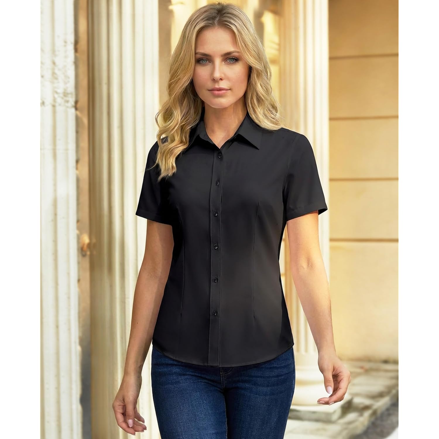 Button Down Shirts for Women Short Sleeve Dress Shirt Stretch Wrinkle Free Business Casual Office Blouse Work Tops