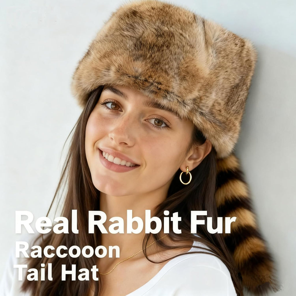 Real Raccoon Hat with Tail for Men Women Rabbit Fur Davey Crockett Coonskin Hat Russian Ushanka Fur Hats