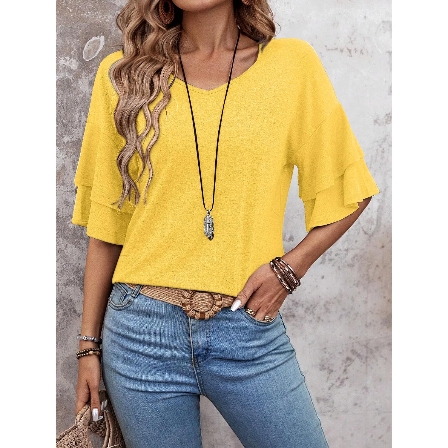 Sialois Womens Blouses 3/4 Length Sleeve Tops Ruffle V Neck Shirts Casual Tunic Spring Fall Summer Fashion Work Clothes