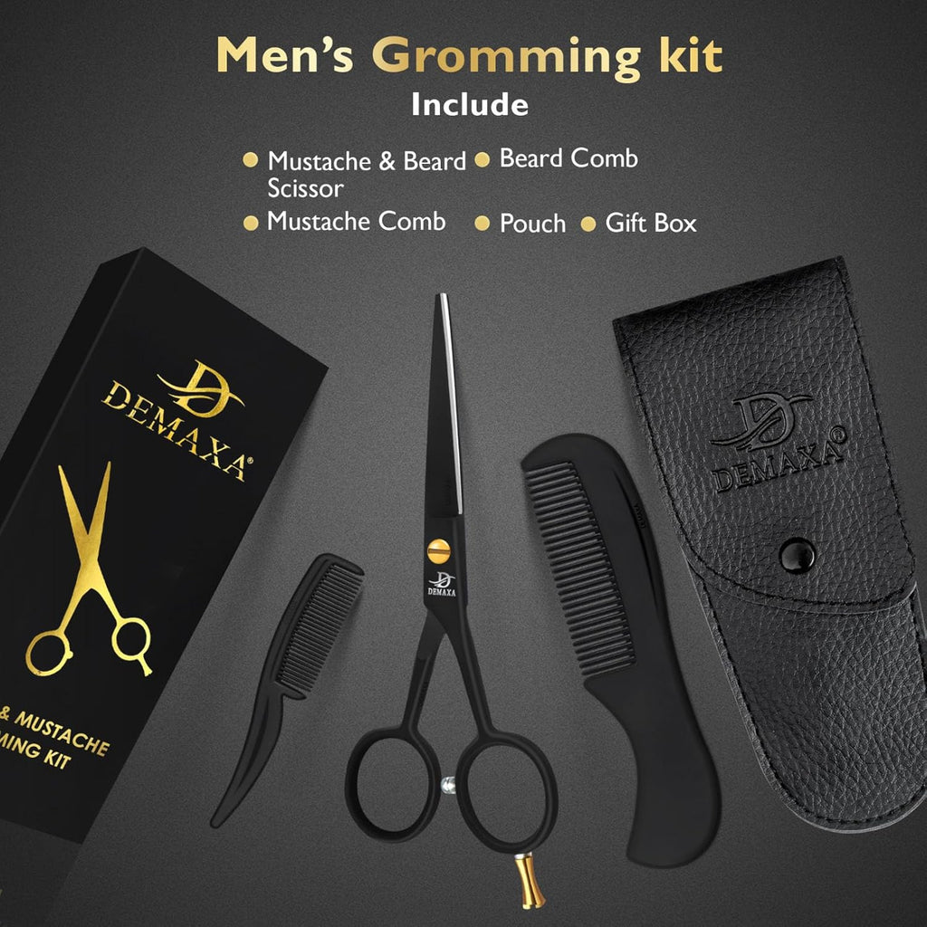 DEMAXA 5" Professional Beard Scissors for men Mustache Scissors with 1 Mustache Comb, 1 Beard Comb & Soft Pouch – Prefect Beard shears mustache kit for All Facial Hair – moustache Grooming kit for Men