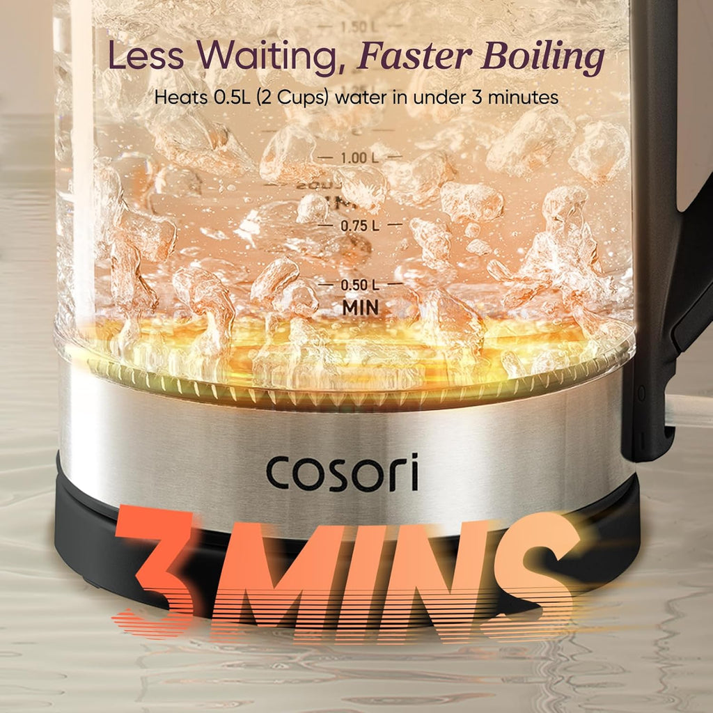 Cosori Electric Kettle, No Plastic Contact With Water, Wide Mouth For Easy Cleaning, Auto Shut Off, 1.7L Tea Kettle & Hot Water Boiler, Water Heater & Teapot, Borosilicate Glass, Black, 1500W