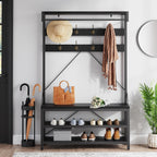Idealhouse Industrial Hall Tree With Bench And Shoe Storage, 3-In-1 Entryway Mudroom Organizer With 8 Coat Hooks, Heavy Duty Standing Clothes Rack For Hallway, Black