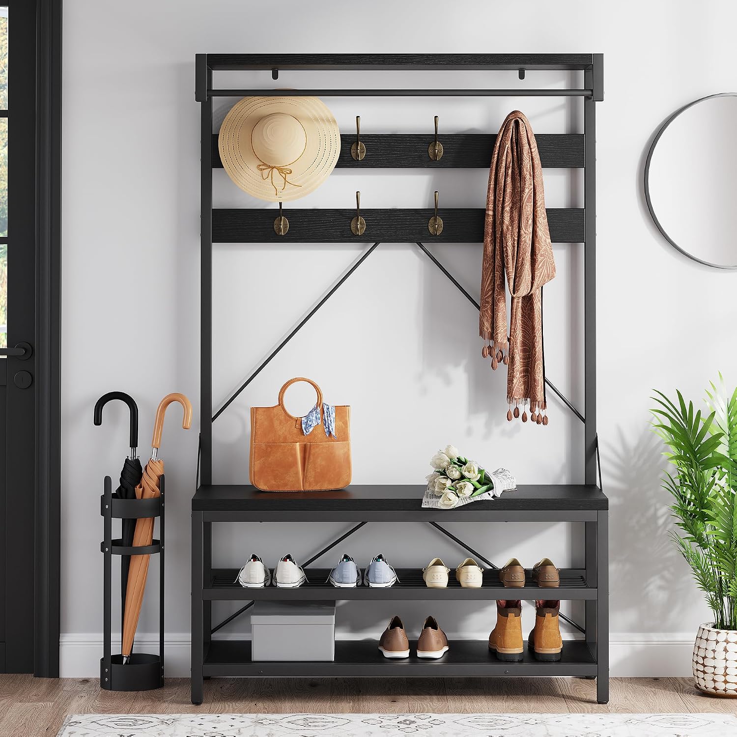 Idealhouse Industrial Hall Tree With Bench And Shoe Storage, 3-In-1 Entryway Mudroom Organizer With 8 Coat Hooks, Heavy Duty Standing Clothes Rack For Hallway, Black