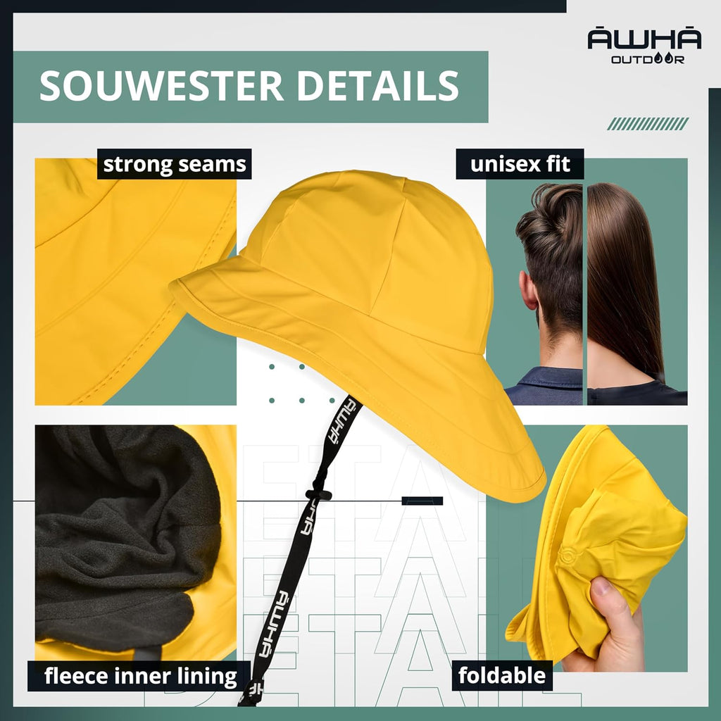 Souwester, Rain Hat - Waterproof Cap with Wide Brim and Earflaps Yellow