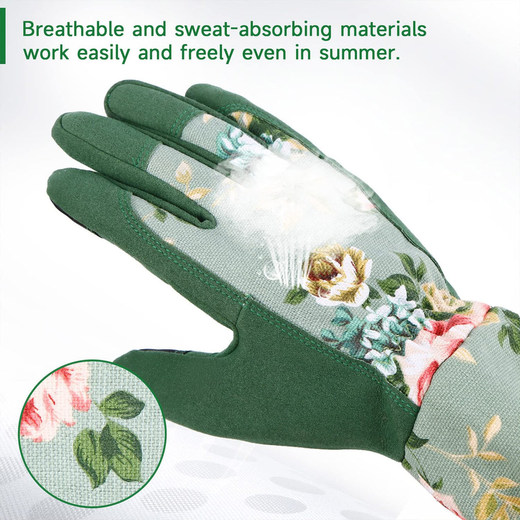 Wanchi Gardening Gloves, Durable And Comfortable Women'S Long Garden Gloves For Gardening Work And Yard Work, Leather Gardening Gloves For Women, Green Print (Medium)