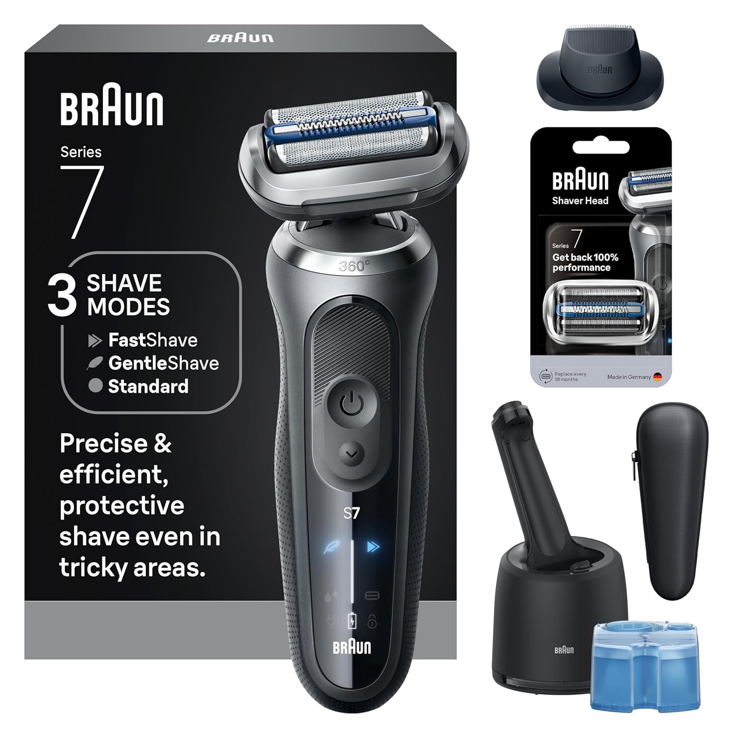 Braun Electric Razor for Men Series 7, Electric Shaver, Extra Head, Precision Trimmer, 4-in-1 Clean & Charge Center, Case, S7 7187ps