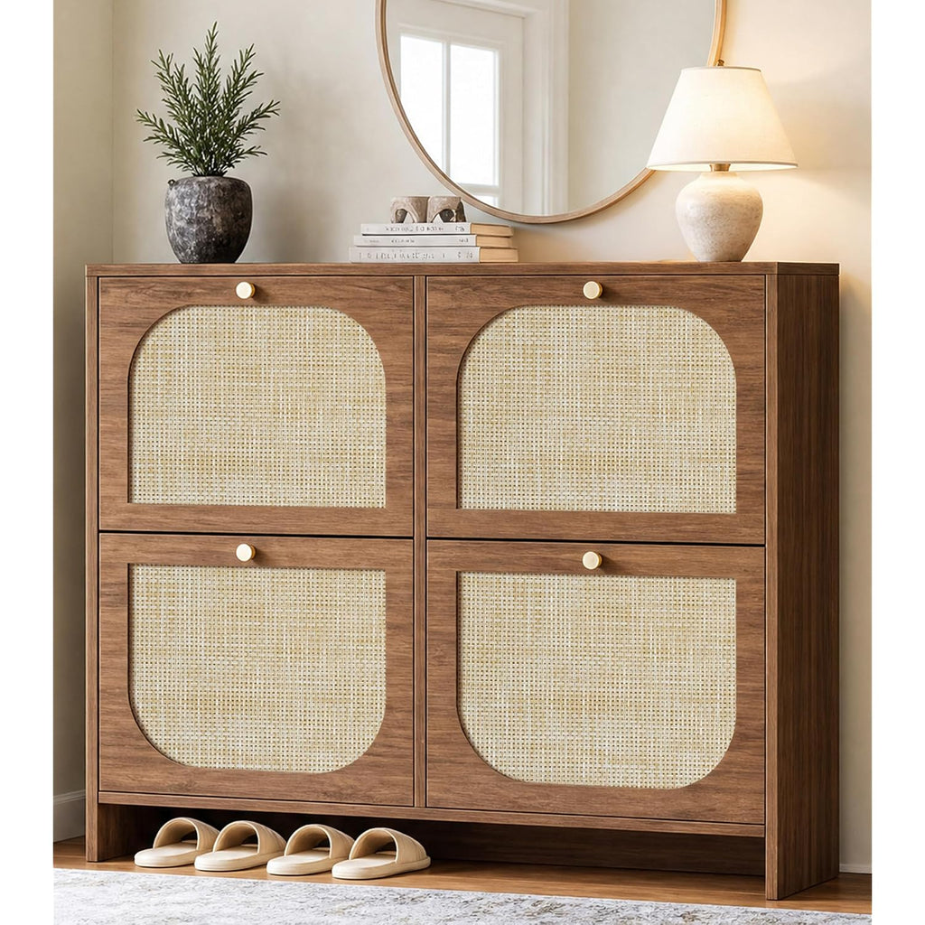 Freestanding Ultra Slim Arched Rattan Accent Shoe Storage Cabinet For Entryway - 4 Flip Drawers & 3-Tier Adjustable Shelves, Farmhouse Modern Rustic Shoe Rack For Hallway, Foyer Oak