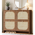 Freestanding Ultra Slim Arched Rattan Accent Shoe Storage Cabinet For Entryway - 4 Flip Drawers & 3-Tier Adjustable Shelves, Farmhouse Modern Rustic Shoe Rack For Hallway, Foyer Oak