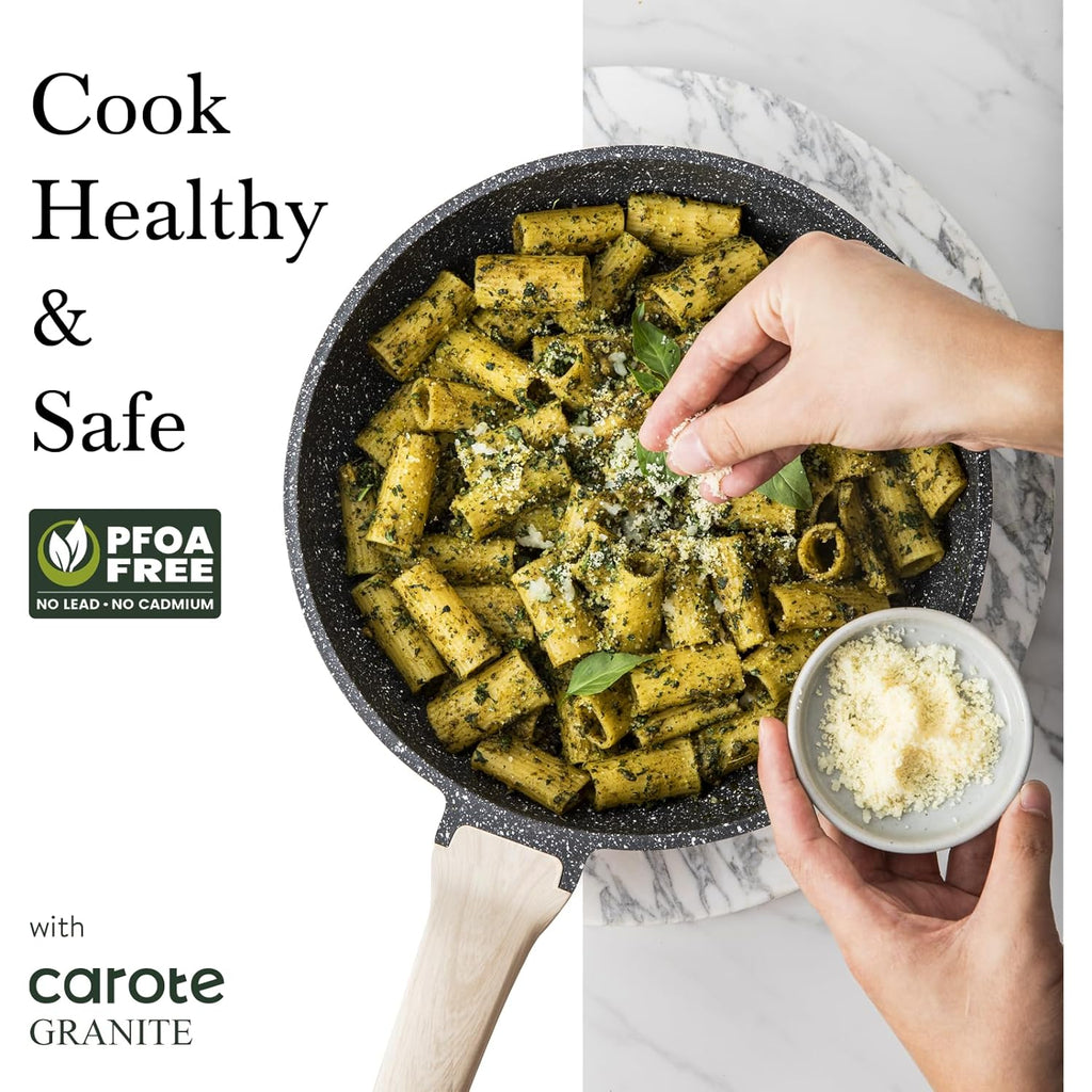 CAROTE 12 Inch Nonstick Deep Frying Pan with Lid, 5.5 Qt Jumbo Cooker Saute Pan with Pour Spout, Skillet Induction Cookware, Non Stick Cooking Pan PFOA Free, Classic Granite