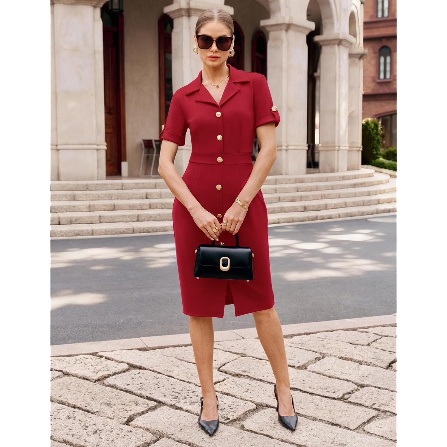 Work Dresses for Women 2026 Short Sleeve Button Bodycon Dress Pencil Office Midi Dress with Pockets