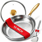 12" Titanium Pans For Cooking | Food-Grade Pure Titanium Frying Pan Pro With Lid & Spatula | Pfas/Pfoa/Ptfe Free Nonstick Cookware | Dishwasher & Oven Safe, Kitchen Induction Compatible