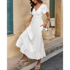 Btfbm Womens Summer Dresses 2026 Casual Short Sleeve V Neck Drawstring Wedding Guest Maxi Dresses Boho Beach Long Dress