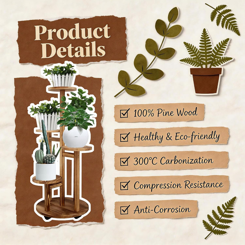 5 Tiered Tall Plant Stand For Indoor, Wood Plant Shelf Corner Display Rack, Multi-Tier Planter Pot Holder Flower Stand For Living Room Balcony Garden Patio (Brown)