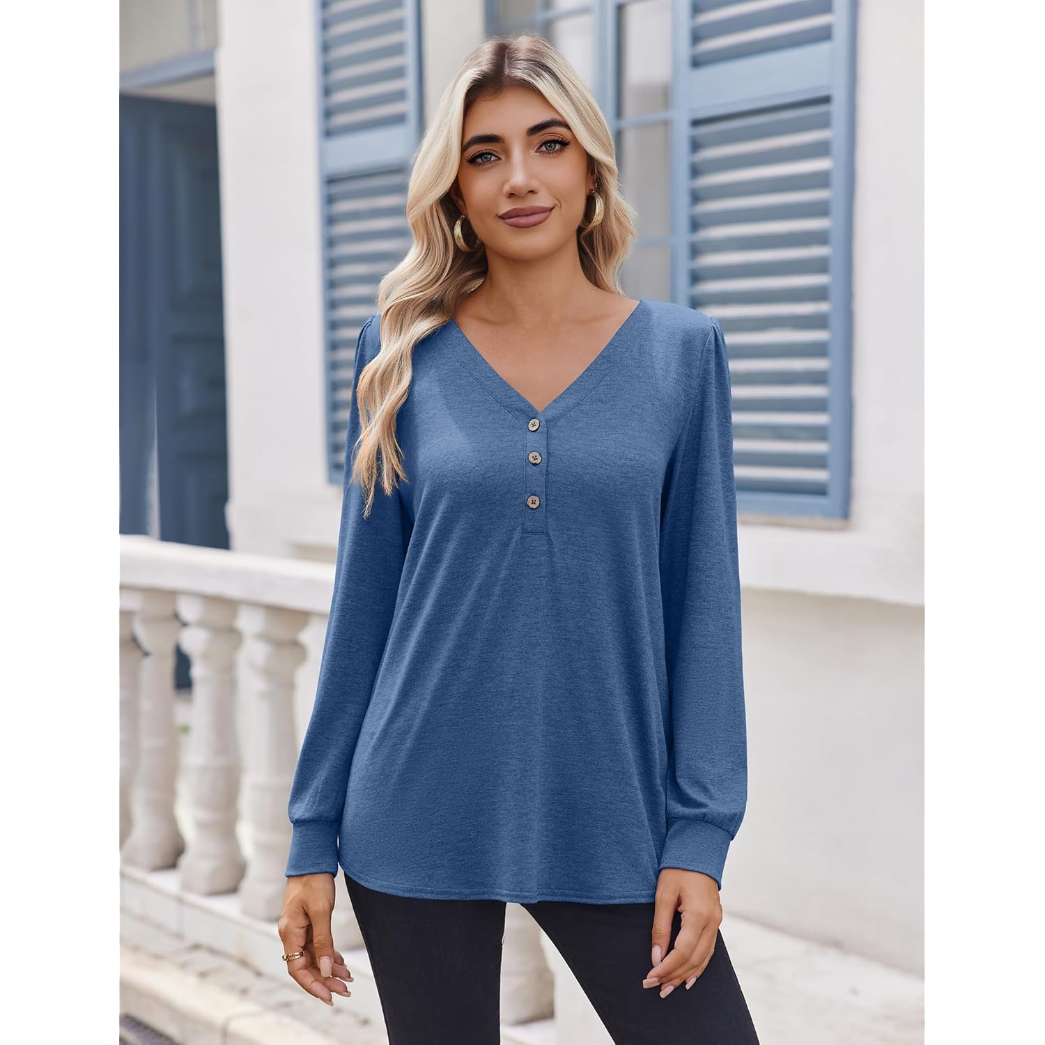 Women's Long Sleeve Shirts V Neck Dressy Casual Tops Trendy Button Down Blouse Fall Fashion Work Clothes