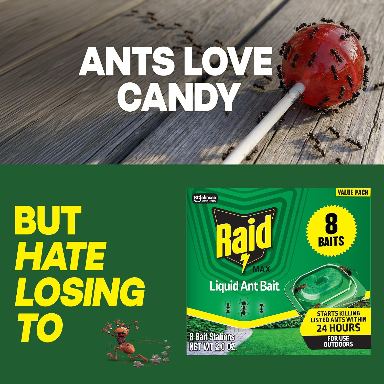Raid Outdoor Liquid Ant Bait, Starts Killing Listed Ants Within 24 Hours, Effective Outdoors, Pre-Filled And Ready-To-Use, 8 Bait Stations Per Pack, 2 Fl Oz