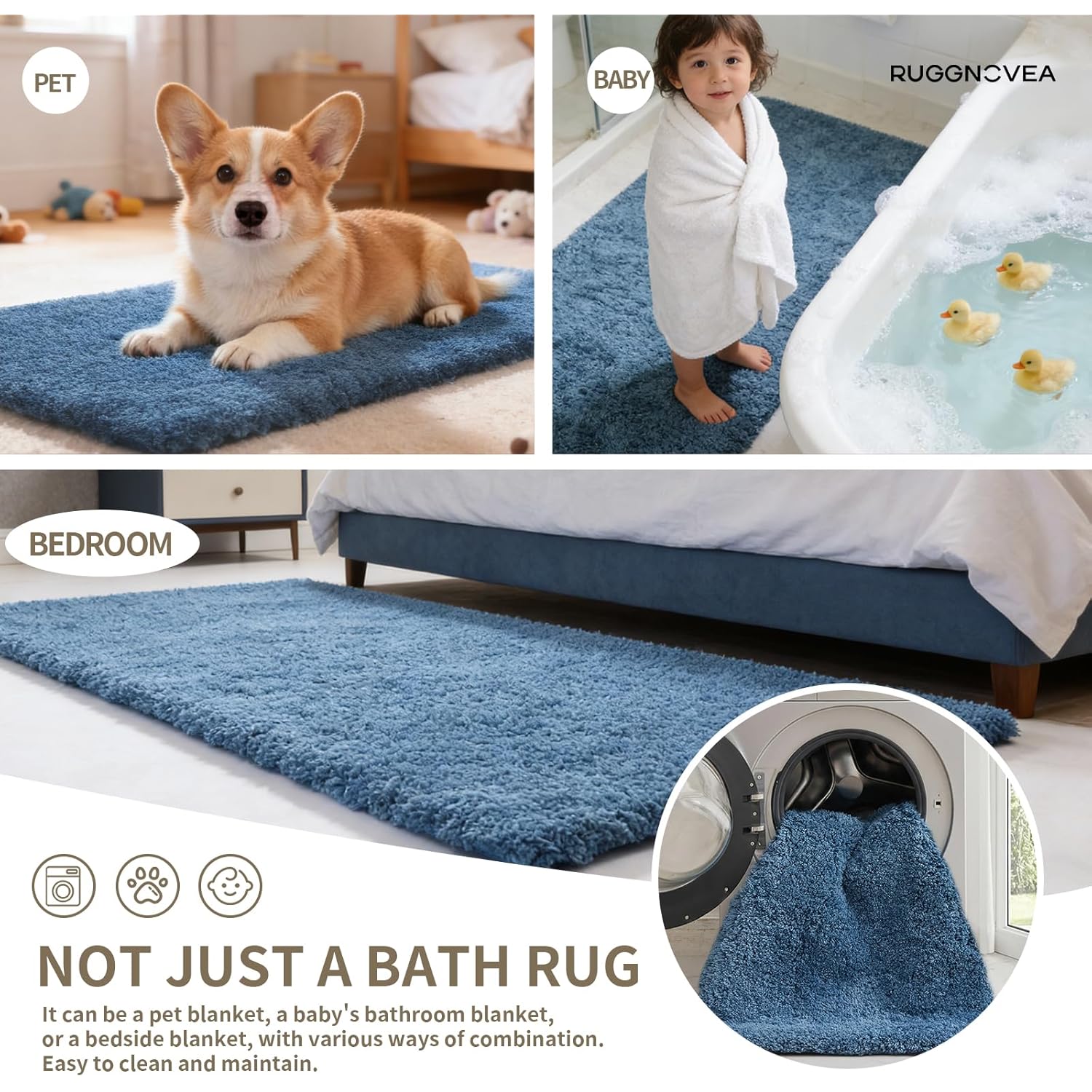 Bathroom Rugs Non Slip Washable, Ultra Thick Soft Microfiber Absorbent Bath Mats, High Density Foam Latex Non Slip Backing Bath Rugs, Fluffy Floor Carpet for Tub&Shower 24x17, Blue