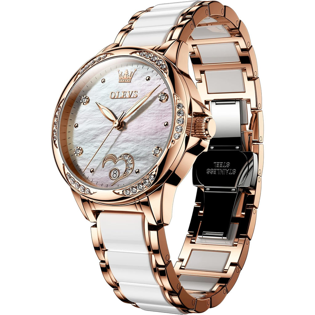 Olevs Womens Automatic Watch, Premium Large Face Diamond Accented Self Winding Watches For Women, Fashion Waterproof Ladies Dress Watch, Two Tone Stainless Steel Ceramic Bracelet