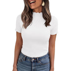 Short Sleeve T Shirts for Women Summer Clothes 2026 Casual Spring Tops Ruffle Mock Neck Ribbed Fitted Basic Tees