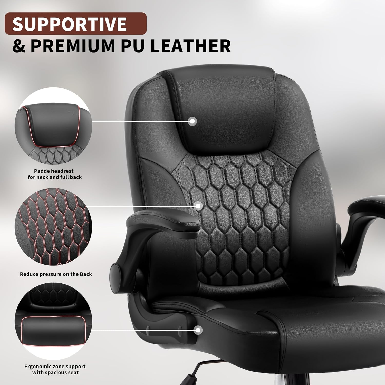 Executive Office Chair Pu,Leather Office Chair With Wheels,360° Swivel Rolling Chair With Padded Arms,Ergonomic Computer Chair With Lumbar Support For Short People Use(Black)