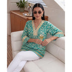 Bebonnie Womens 3/4 Sleeve Embroidered V Neck Boho Blouses Old Money Dressy Casual Tunic Tops