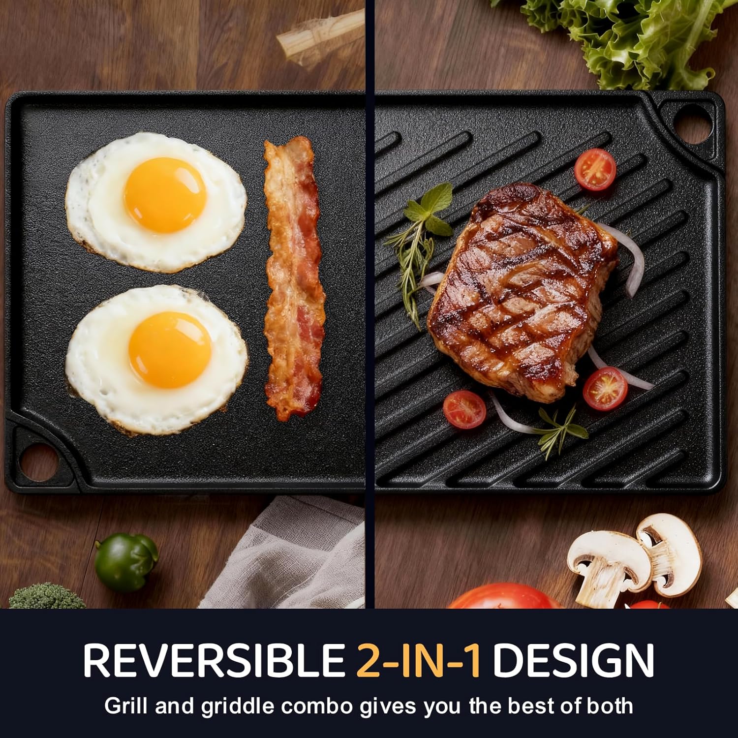EWFEN Reversible Grill/Griddle, 16.7x9.5'' Pre-Seasoned Cast Iron Griddle Pan, Double Burner Cookware, Rectangular Non-Stick Stovetop Griddle with Handles, Flat Top Plate for Oven, Grill & Campfire