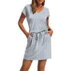 Ofeefan Summer Dresses For Women 2026 V Neck T Shirt Casual Mini Dresses Tie Waist Sundresses With Pockets